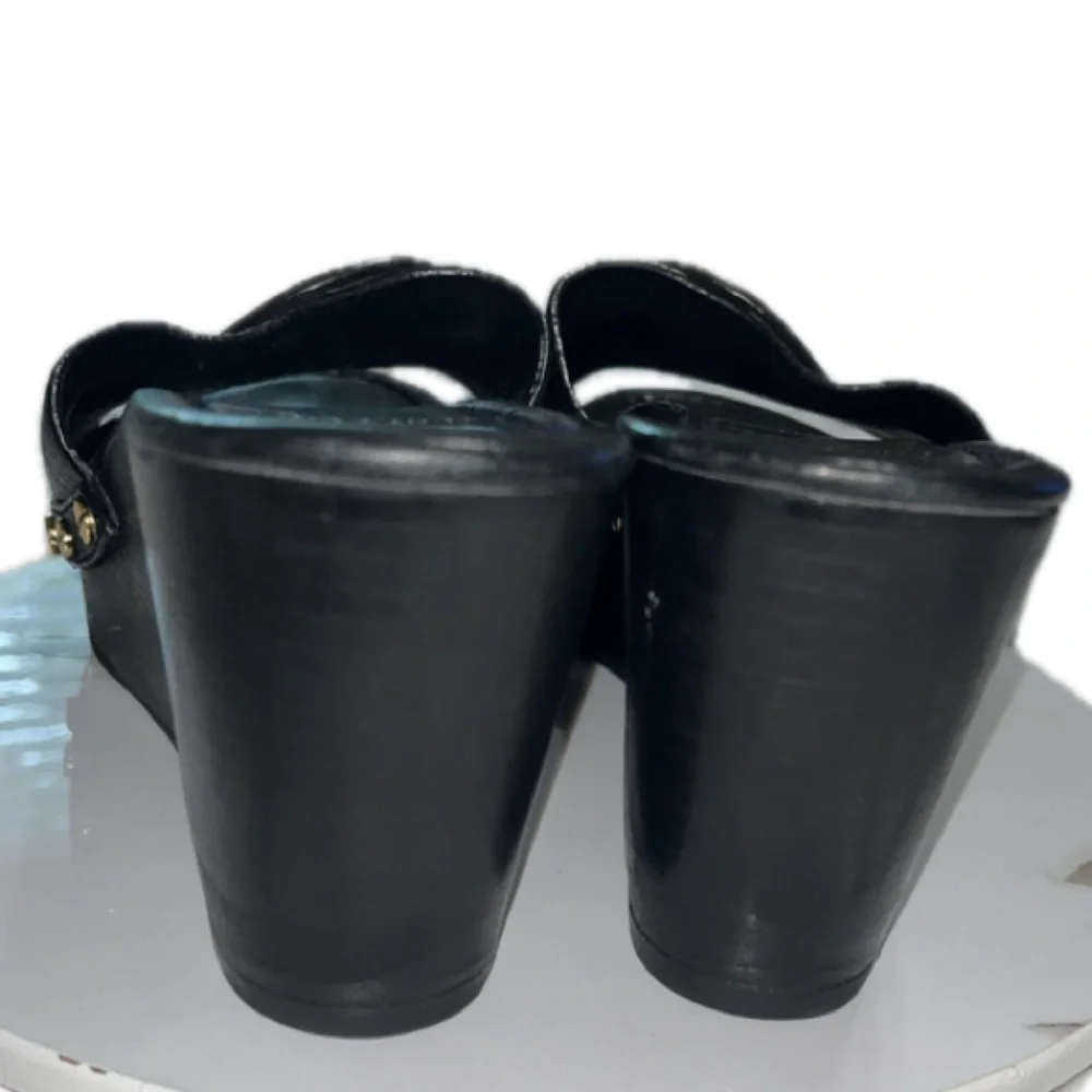 TORY BURCH Leather Slides, Black Size:9M